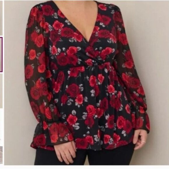 Torrid size 1X plus Black red  Floral Surplice Babydoll Top  Sheer Sleeves new - Picture 1 of 12